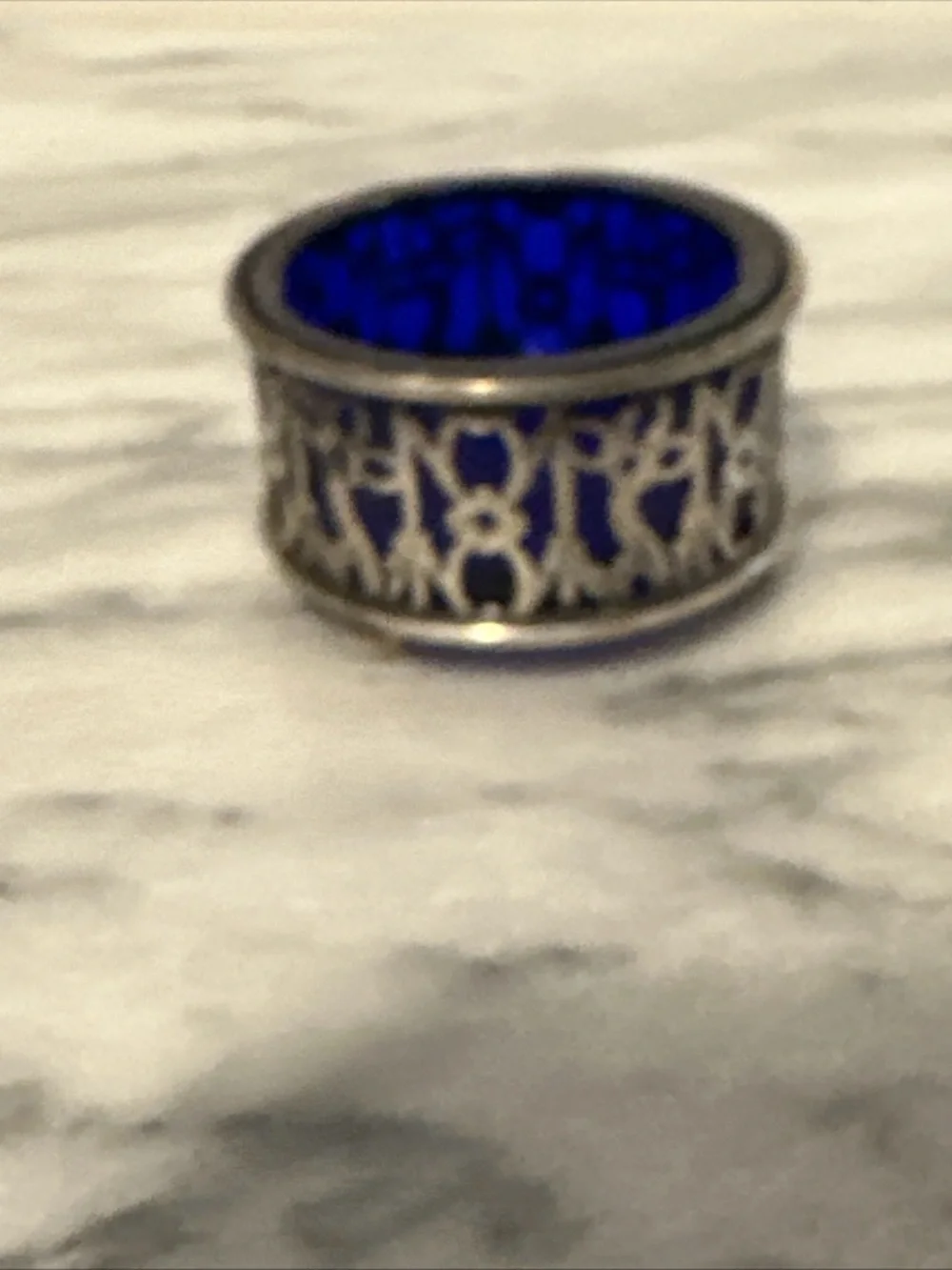 Antique sterling silver with cobalt blue glass insert salt cellar